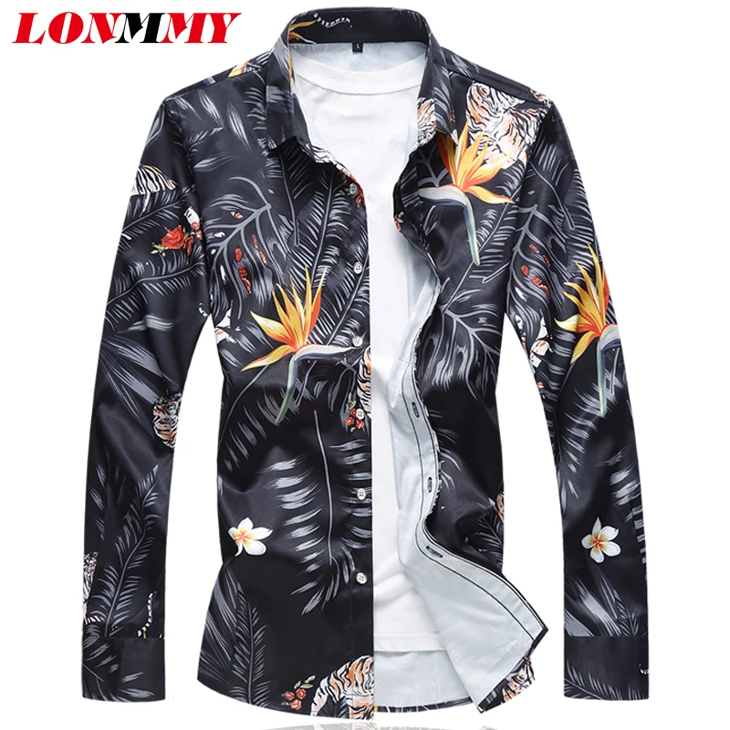 Мужская рубашка LONMMY гавайская с длинным рукавом большие размеры 6XL