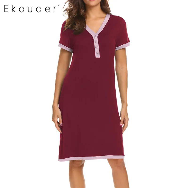 Ekouaer Ночное платье, ночная рубашка, ночная рубашка для беременных, кормящих грудью, домашнее платье с коротким рукавом, женская ночная рубашка с v-образным вырезом - Цвет: Wine Red