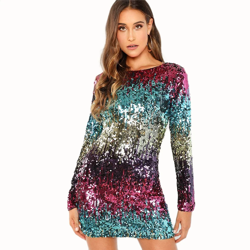 Embroidery Zipper Sequin Long Sleeve Elegant Mini Dress