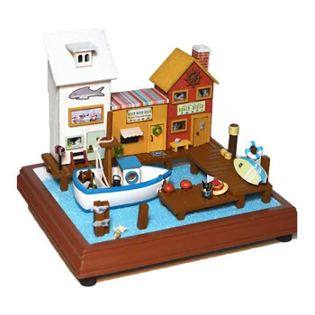 

Miniature Wood Dollhouse Seaside Hut Furniture Kit Home Decor DIY Funny Town Ship Doll House Puzzle Toy Xmas Birthday Gift