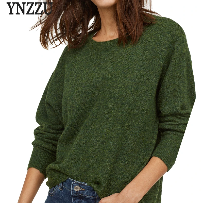 

YNZZU knitting Pullover Autumn Winter long Sleeve 2018 Wool Sweater Women Pull Femme Casual Green Soft Jumper Plus Size YT478