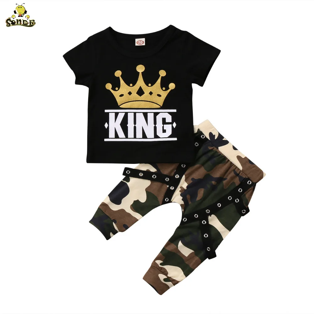 

SONDR 2Pcs Boy Short Sleeve King Print T Shirt Top and Camouflage Pants Set for Boy and Baby boutique Kids Clothes