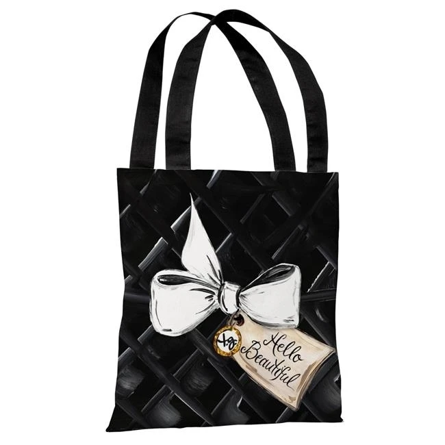 One Bella Casa 73059TT18P 18 in. Hello Beautiful Bow & Gold Glitter Polyester Tote Bag by Timree Gold - Black White