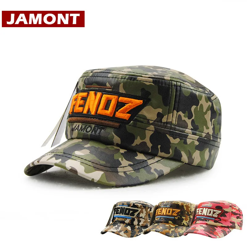 

[JAMONT] Winter Kids Hat Military Caps Boys Snapback PU Leather Camouflage Embroidery Letter Children Flat Cap Gorras
