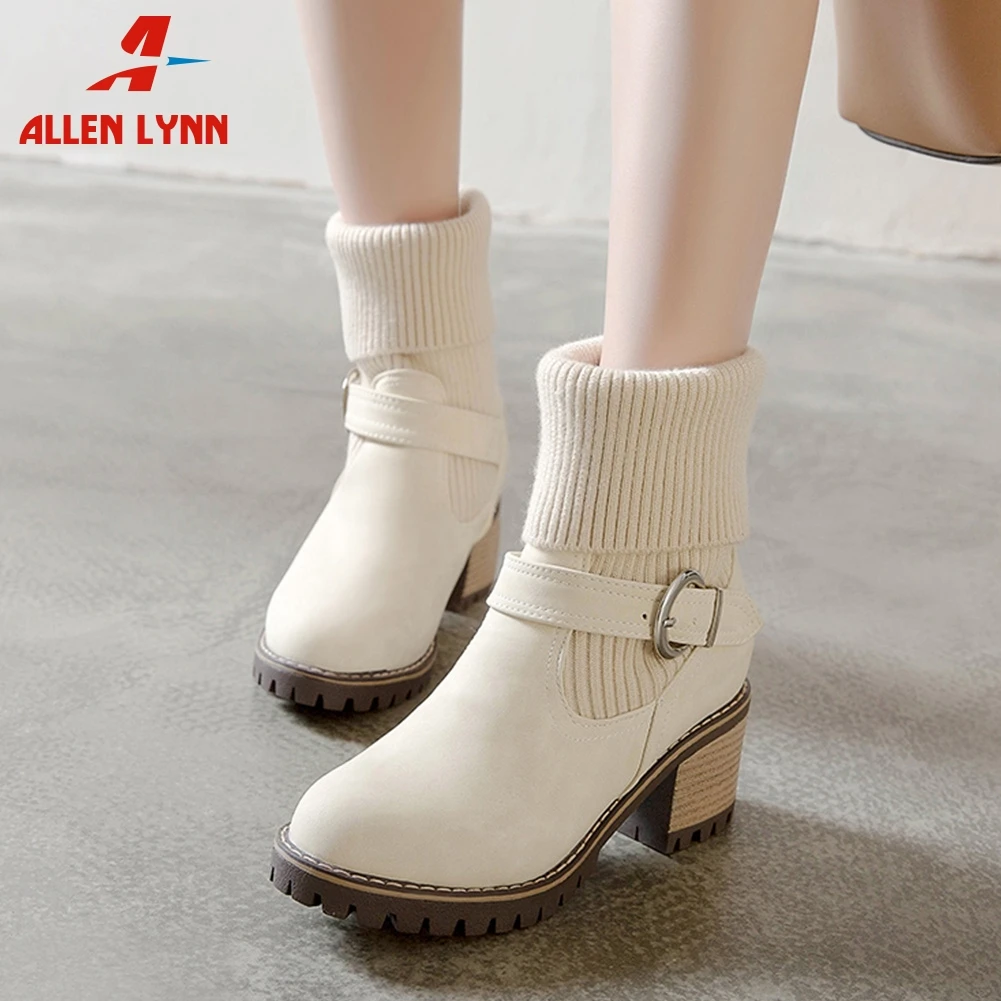 

ALLENLYNN Ankle Boots Woman Fashion Retro Square High Heels Round Toe Metal Decorations Slip On Ankle Boots Woman Size 34-43