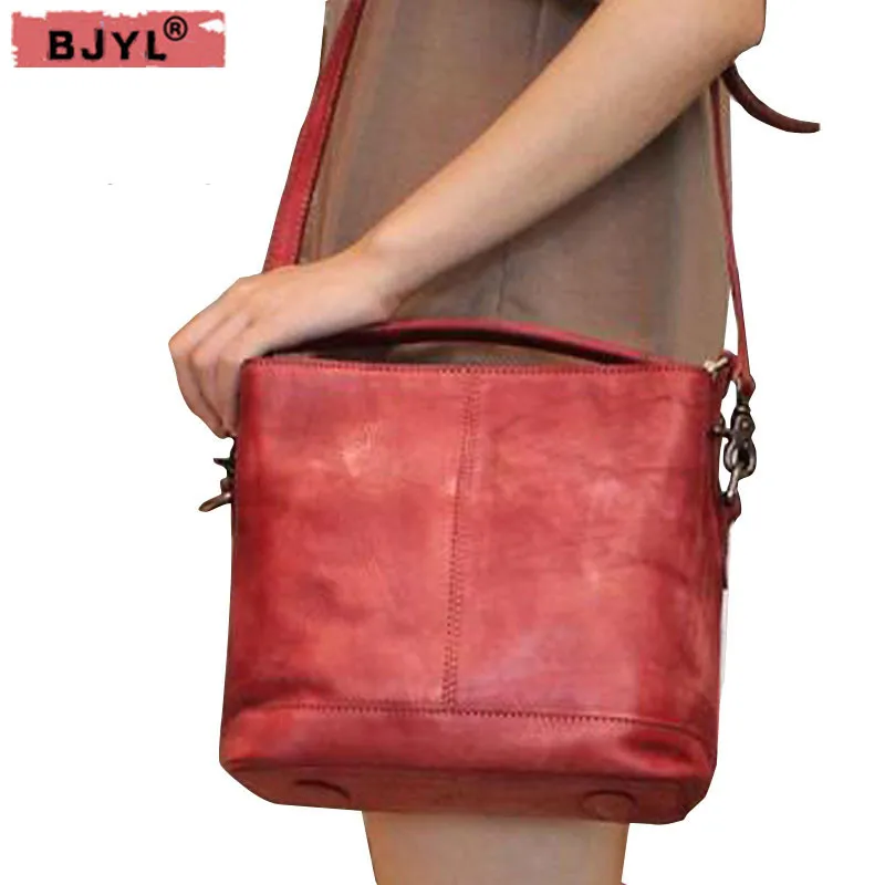

BJYL New retro handmade original Women shoulder bag Genuine leather casual female messenger bag ladies bucket bag retro handbags