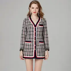 Лидирующий бренд элегантный для женщин твидовый пиджак плед твил OL Бизнес работы длинное пальто V образным вырезом бисера однобортный