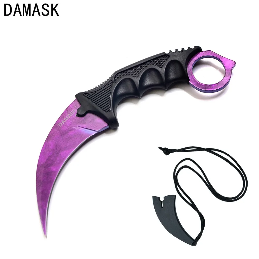 

DAMASK CS GO Counter Strike Claw Karambit Knife Neck Knife With Sheath Tiger Tooth Real Game Knife Rainbow Camping Fix Knife