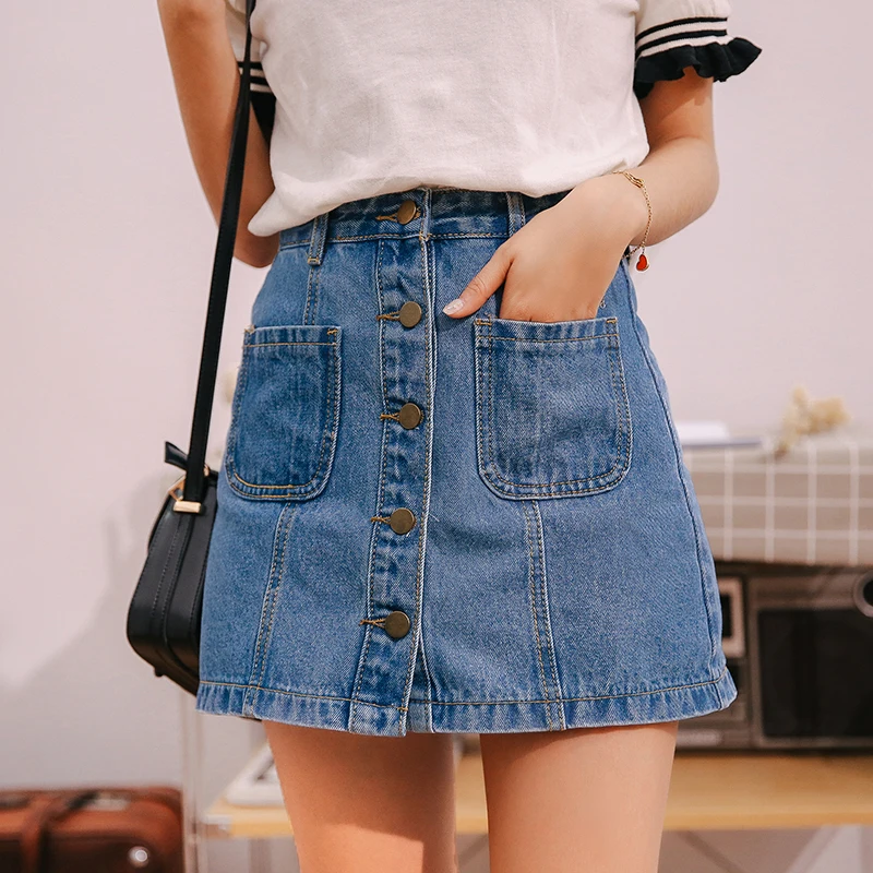 Denim Skirt High Waist A-line Mini Skirts Women 2019 Summer New Arrivals Single Button Pockets Blue Jean Skirt Style Saia Jeans Denim Skirt High Waist A-line Mini Skirts Women 2019 Summer New Arrivals Single Button Pockets Blue Jean Skirt Style Saia Jeans