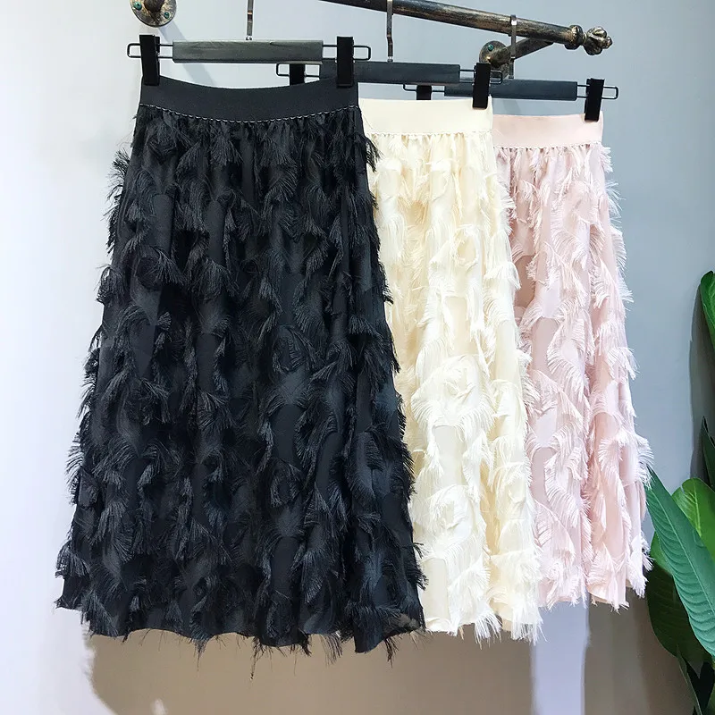 

2019 New Summer Casual Women Skirts Fluffy Fringed Bust Skirt Solid A-Line Tassel Mid-Calf Pleated Skirt