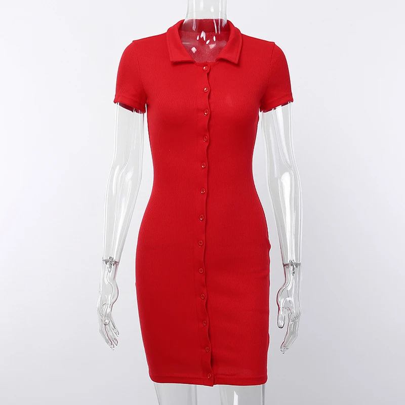 Forefair Short Sleeve Button Sexy Dress Summer Casual Short Knitted Turn Down Collar Red Black White Mini Bodycon Dress Women