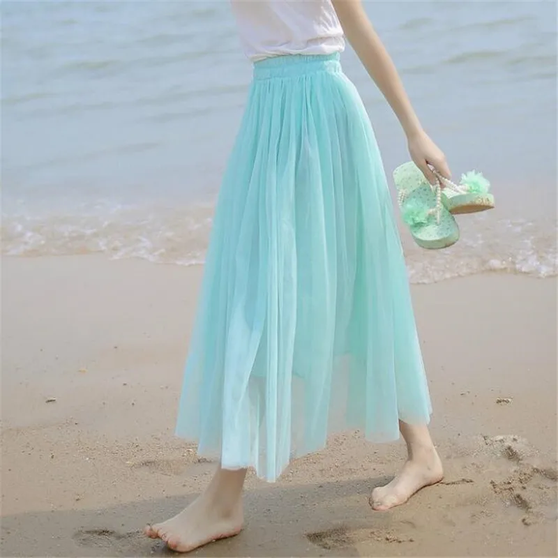 

2017 Ladies Elegant Casual High Waist Pleated Skirt Long Tulle Skirts Straight Skirts Solid Mesh Skater Skirt ZY2976