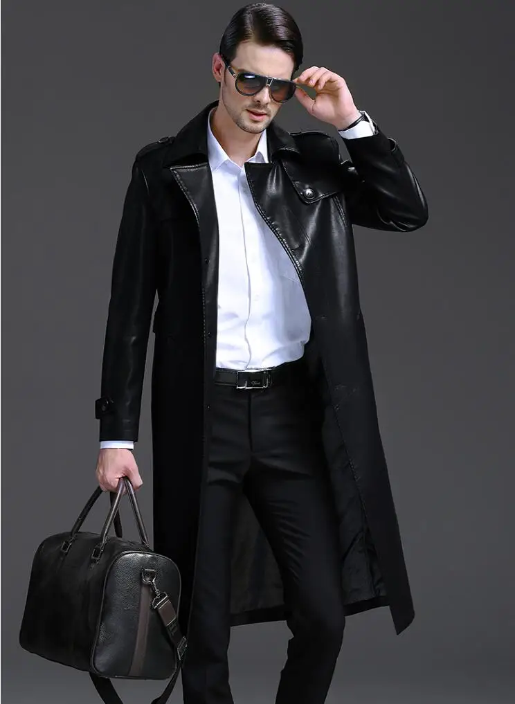 Korean winter black suits collar casual thicken leather coats men slim single-breasted long coat mens leather trench coats 4XL