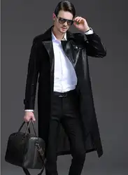 Корейские зимние черные костюмы Воротник повседневные утепленные кожаные пальто мужчин Тонкий однобортный длинное пальто мужские