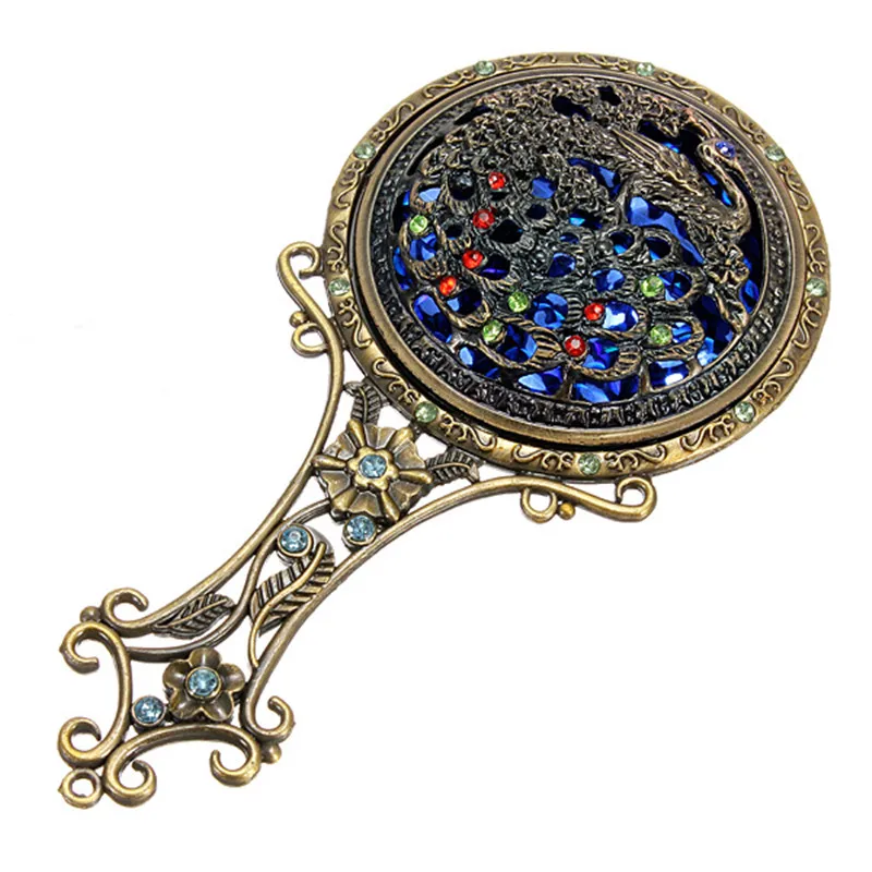 Luckyfine خمر antiqued النحاس ماكياج الجمال مرآة صغيرة حمام التجميل مرايا مع مشط مجموعة أدوات المكياج كيت