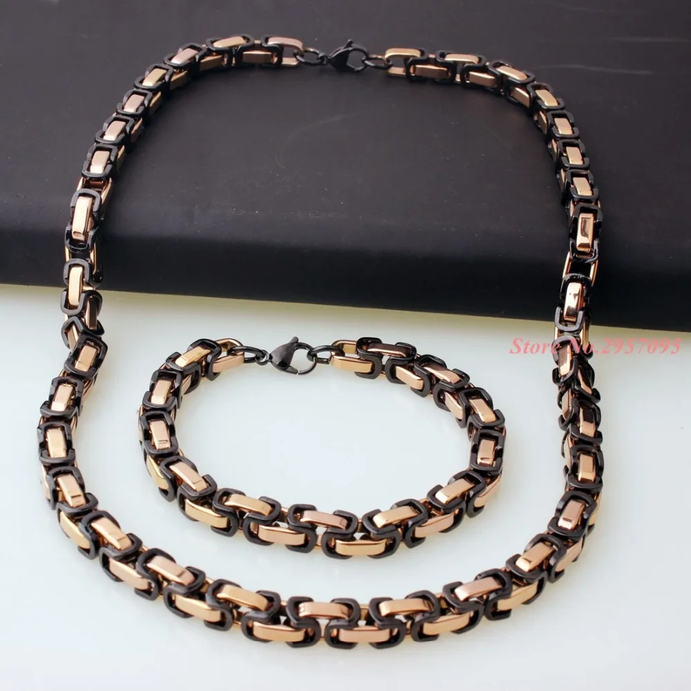 

Mens Chain Boys 8mm Rose gold Black Byzantine Stainless Steel Bracelet Necklace Set Wristband Wholesale Jewelry