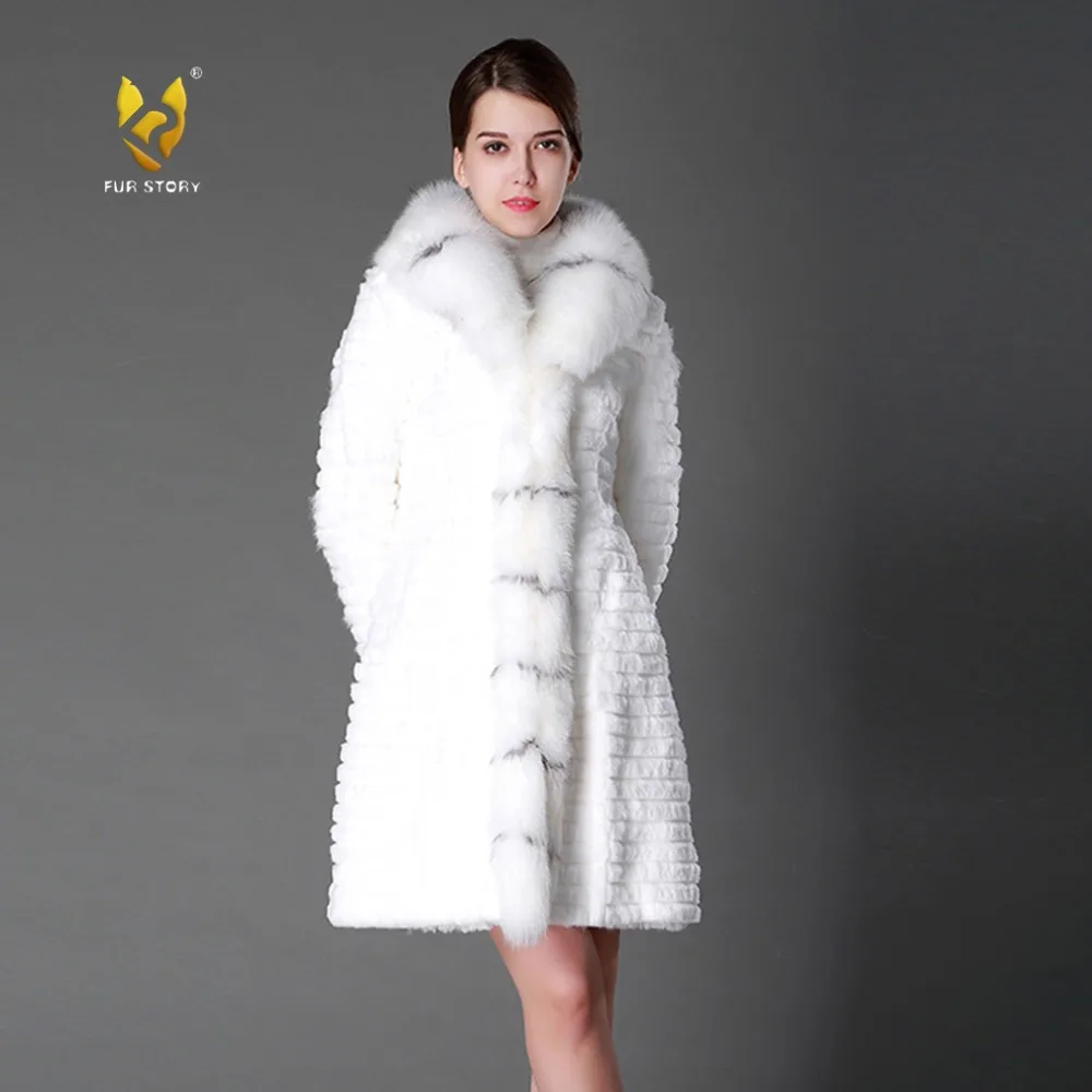 Fur Story 15130 Новое Женское модное роскошное Брендовое пальто из натурального кроличьего меха с воротником из натурального Лисьего меха длинное зимнее пальто