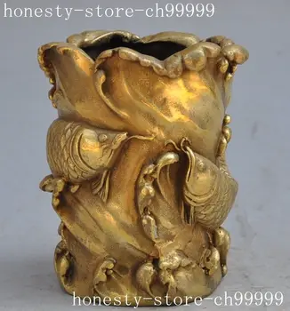 

china chinese pure brass goldfish fish Statue Pen Holder Bottle Vase jar bottle