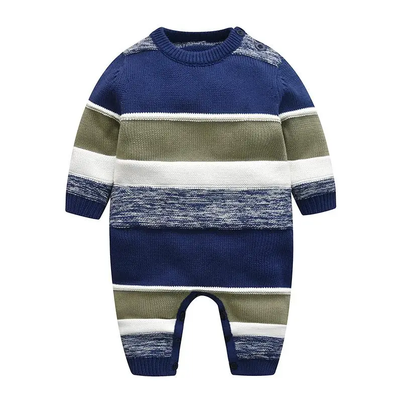 Горячая Распродажа, вязаная одежда для малышей, вязаные комбинезоны в полоску для малышей, повседневная одежда с длинными рукавами для маленьких мальчиков, Зимний вязаный комбинезон для новорожденных - Цвет: blue