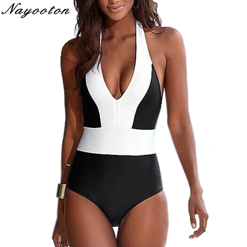 Billige 2019 push Up New One Piece Bademode Frauen Sexy Halter Heißer Verkauf Strand Brasilianische Badeanzug Schwarz Und Weiß Patchwork Bade anzug