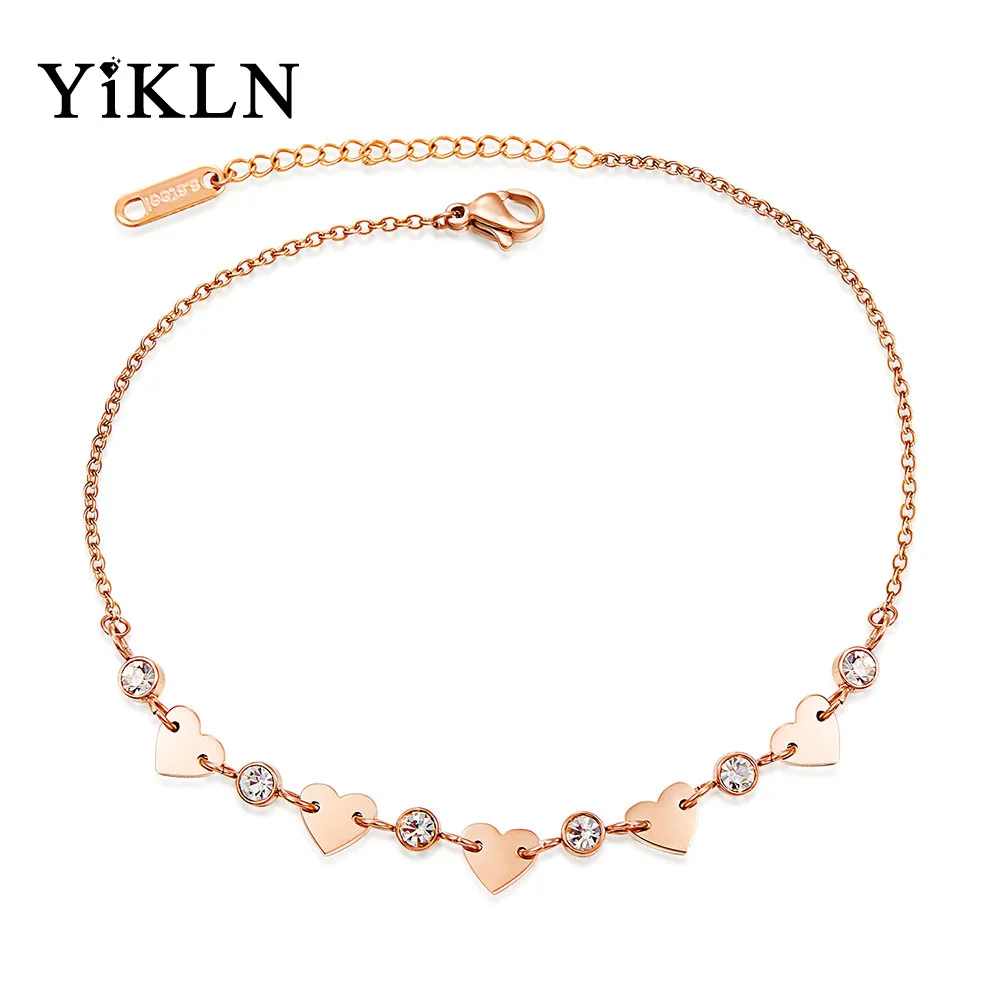 

YiKLN Titanium Steel Bohemia Holiday Beach Chain & Link Anklets For Women Girls Trendy CZ Crystal & Heart Charm Anklet YOGZ082