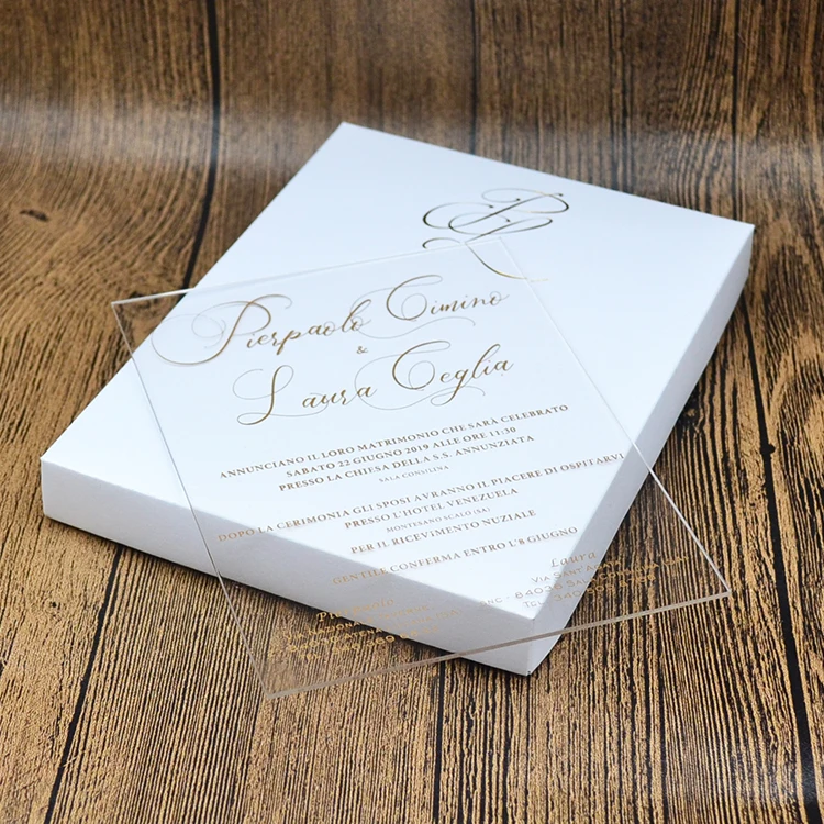  Gold screen printing acrylic wedding invitations with foil box - 33022895635