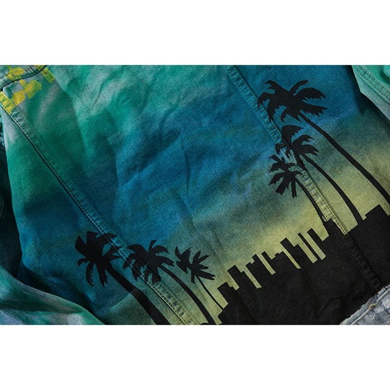 Men's Denim Jacket Streetwear Hip-hop Washed Destroyed Man Jacket Coconut Tree Print Loose Jacket Men's Spring Autumn
