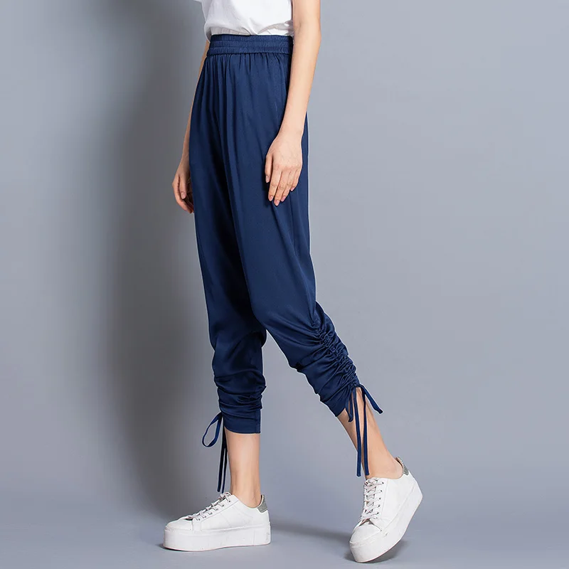 

100% Silk Pants Women Simple Design Solid Elastic Waist Pockets Harem Trousers New Fashion Europe and American Style 2019