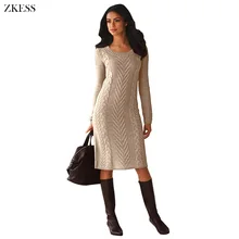 Zkess Women Knitted Texture Sweater Dress Fashion Causal Long Sleeves O Neck Midi Dress for Autumn Winter  LC27772