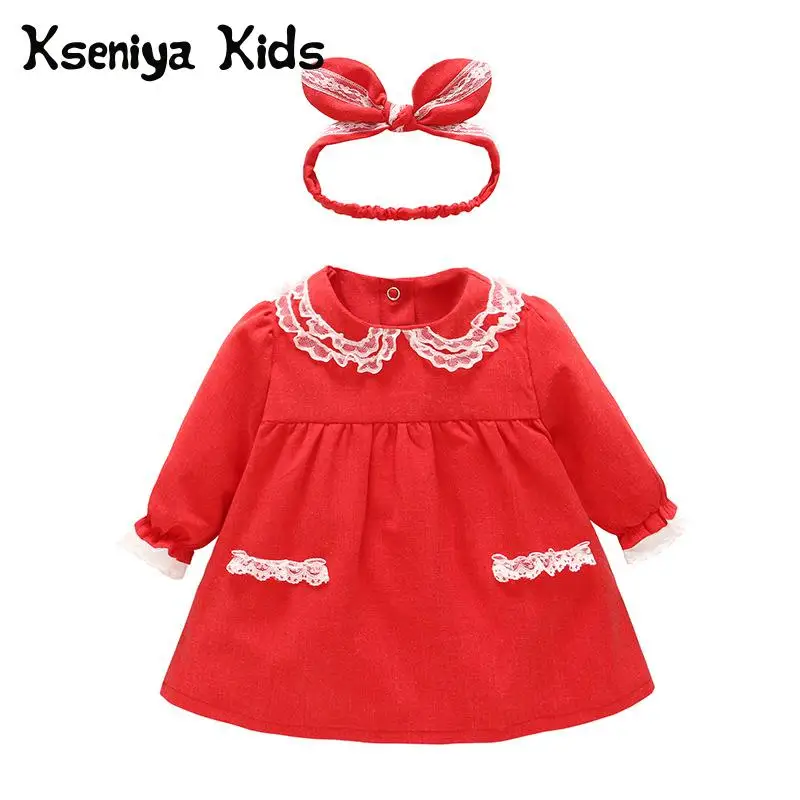 

Kseniya Kids 2018 Autumn Baby Suit Red Dress With Hair Band Newborn Two-piece Sweet Cute Girl Dress Baby Clothing Party Dresses