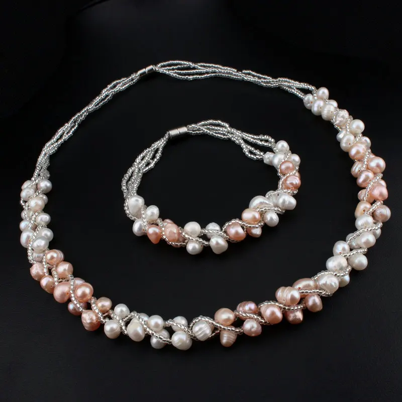 

Fashion Wedding Party Pearl Jewelry 100% Natural Freshwater Pearl Jewelry Sets For Women's Birthday Gift Necklace Bracelet Set