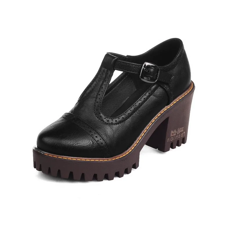 MoonMeek/Большие размеры 34-43; новая модная обувь; женские туфли на высоком квадратном каблуке с круглым носком и пряжкой; женские туфли-лодочки на платформе; Новинка года - Цвет: black