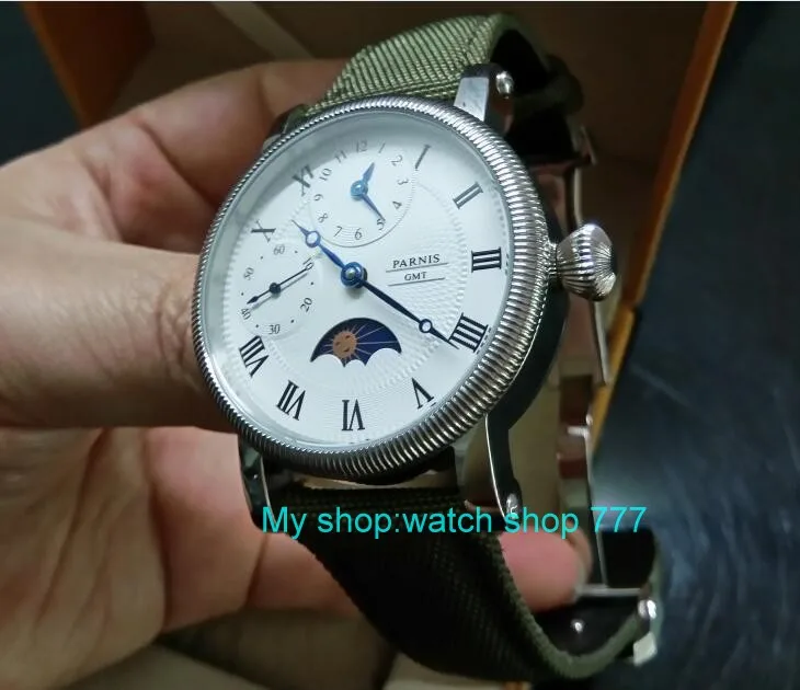 

44mm PARNIS Moon Phase Mechanical Hand Wind movement men's watch Multi-function Mechanical watches gd273A