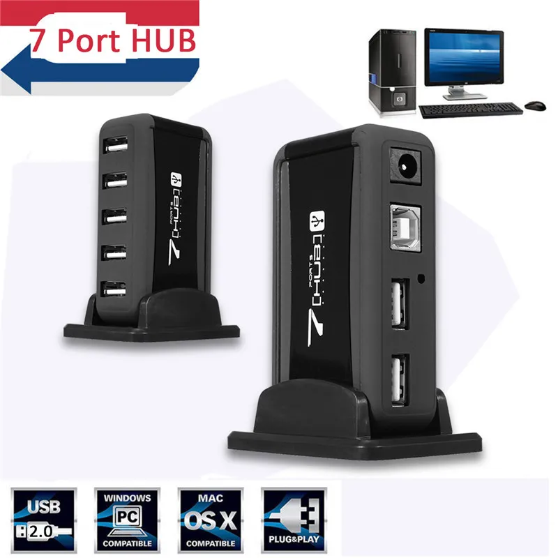 

ALL In One 7 Port USB Hub 2.0 High Speed Multi USB Hub Desk External Splitter With AC Power Adapter For Raspberry Pi PC Laptop