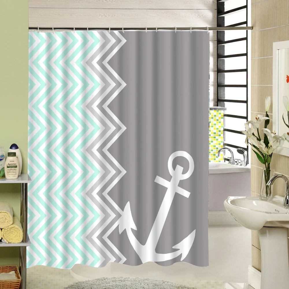 Custom Stripe Shower Curtain Zigzag Anchor Waterproof Eco Friendly