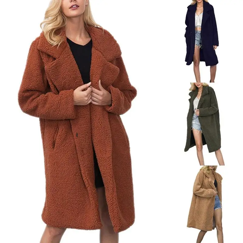 

MISS M Ladies Winter Warm Plush Overcoat Fashion Solid Color Khaki Brick Red Coat Faux Fur Suit Collar Long Thick Coat For Women