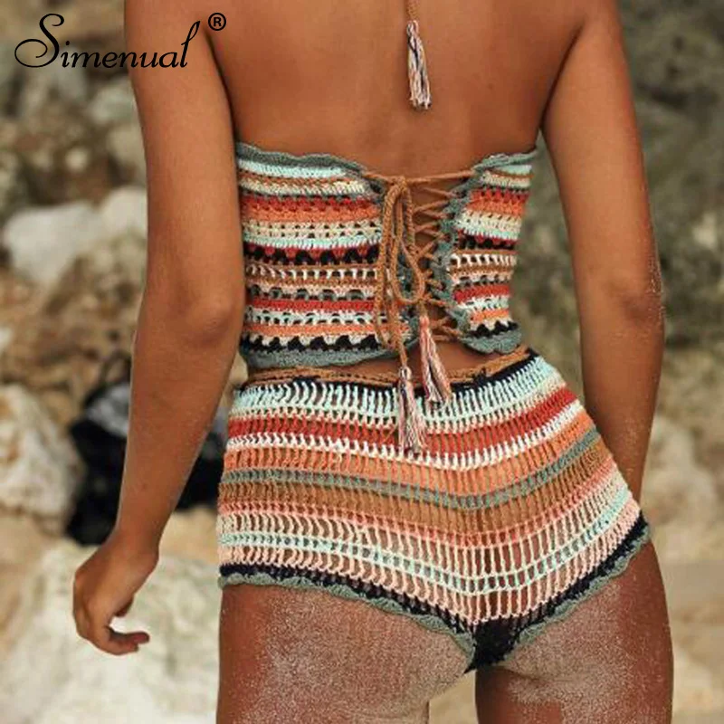 Simenual BOHO Striped Crochet Beachwear Shorts Vintage Hollow Out Sexy Swimwear Handmade Summer Shorts Women Casual Slim Bottom Simenual BOHO Striped Crochet Beachwear Shorts Vintage Hollow Out Sexy Swimwear Handmade Summer Shorts Women Casual Slim Bottom