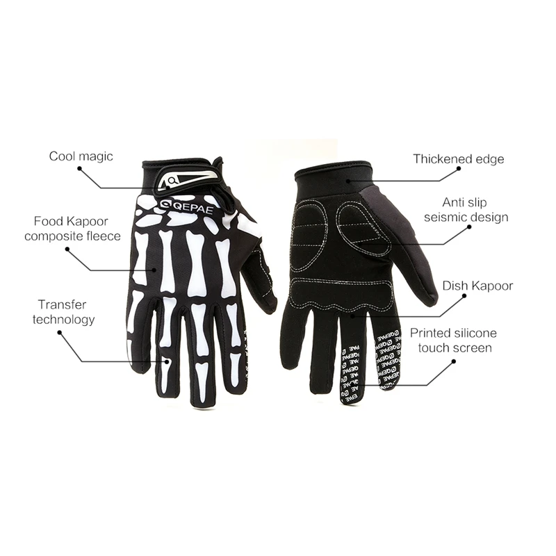 Qeqae Full Finger Skull Gloves Skeleton Pattern Bicycle Cycling Motorcycle Motorbike Racing Riding Gloves Bike Riding Mitten