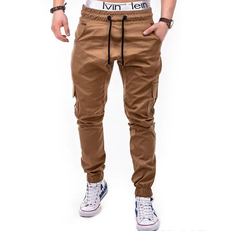 Europe and the United States 2019 new large size men's fashion solid color side pockets with belts casual trousers trousers