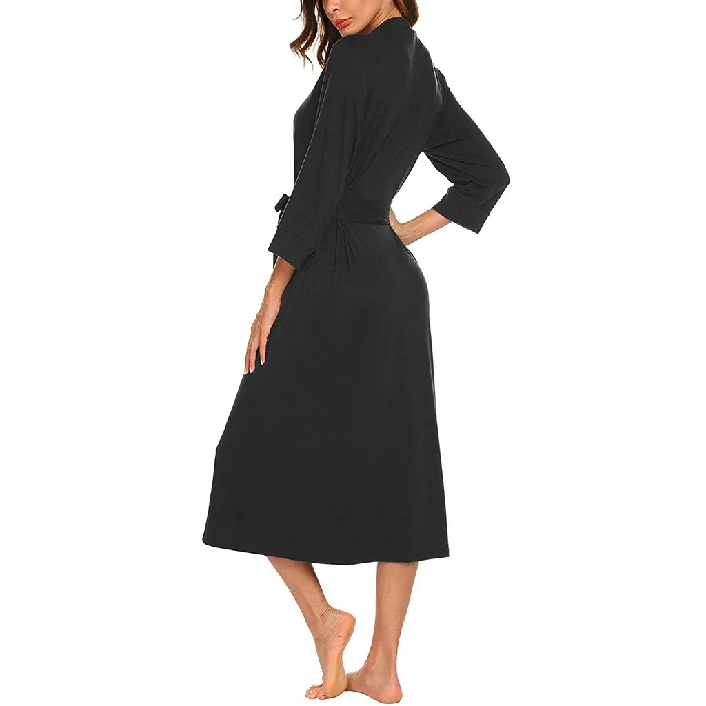 MUQGEW women nightwear sexy long bathrobe cotton Women's 4/3 Sleeve V-neck Lightweight With Belt Long Robe Bathrobe Sleepwear#g3