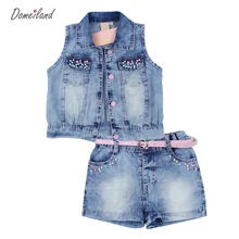 2017 mode domeiland d’été enfants vêtements ensembles fille tenues Strass sans manches Cardigan vestes Denim shorts pantalon costume