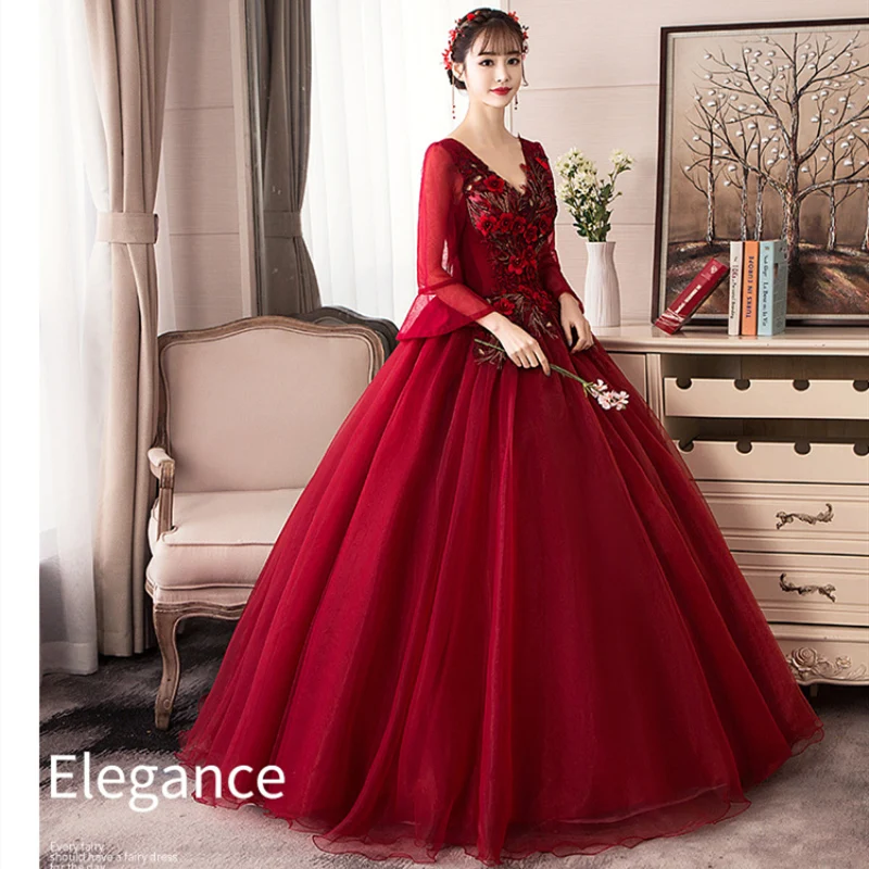 Бордовое бальное платье 2020 платья с аппликацией для Quinceanera длинным рукавом 15