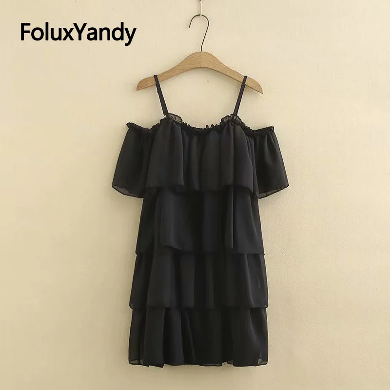 

Ruffles Chiffon Dress New Vestidos Women Plus Size Slash Neck Off the Shoulder Spaghetti Strap Dress Black KKFY3633