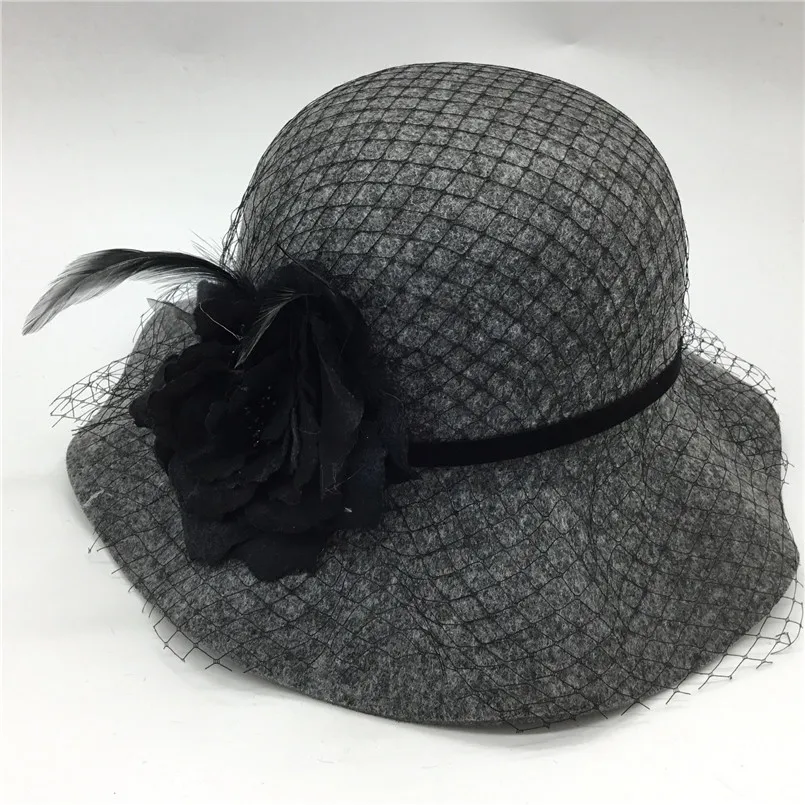 

New British Style Retro Fashion Wool Felt Hat Female Fascination Party Hat Wide Brim Sunhat Floral Church Hat Wedding Fedoras