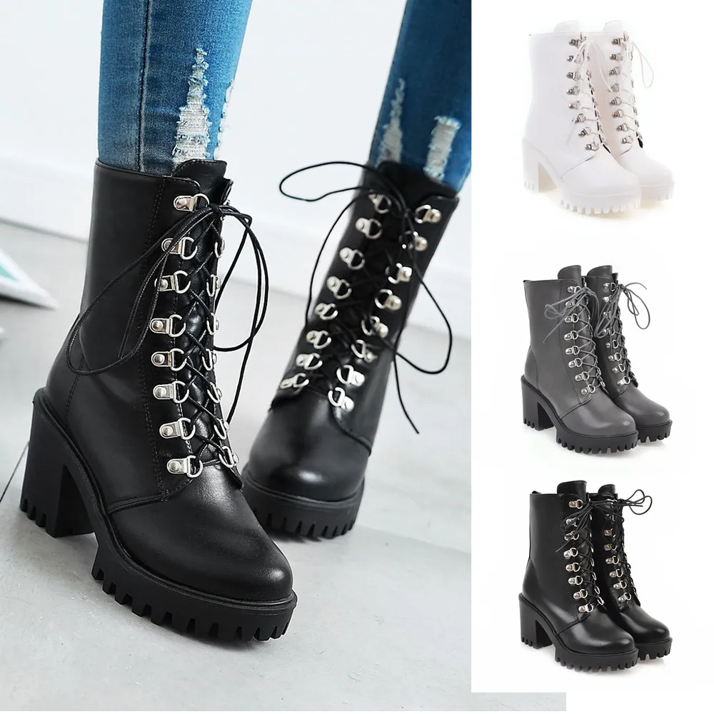 

2019 Women lace up Martin Boots Winter Leisure Round Toe Thick Heel Leather Vintage Boot Vintage Lace Up Female Motorcycle Bota