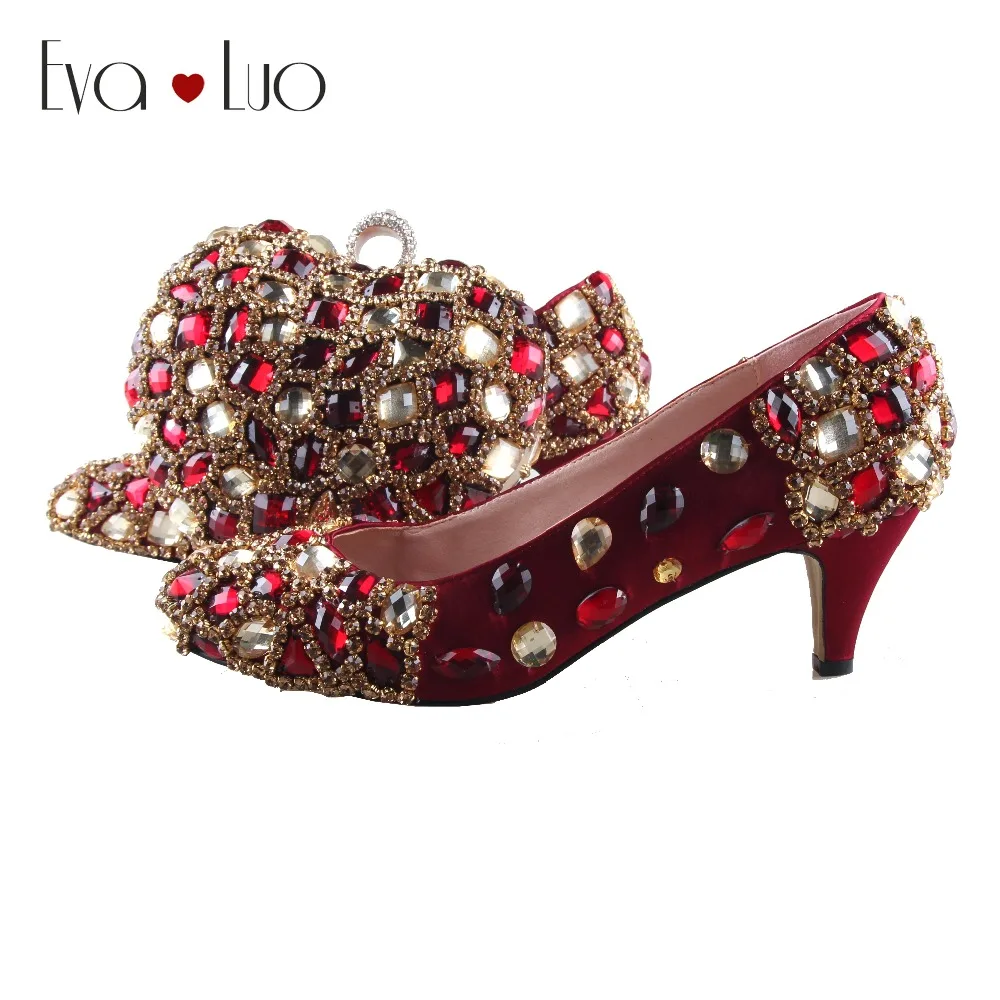 

BS993 DHL Custom Made Wine Red Burgundy Crystal Shoes With Matching Bag Set Low Heel Women Dress Pumps Bridal Wedding Shoes