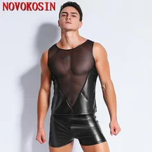 XX103 Лето модные черные искусственная кожа с Тюль лоскутное Мужчины Фитнес Футболки без рукавов с круглым вырезом мото Байкер танки