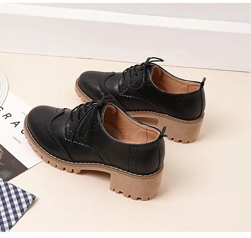 Women Oxfords Shoes Handmade Lace-up Round Toe Thick Heel Leisure Comfortable and Soft Office Lady Shoes