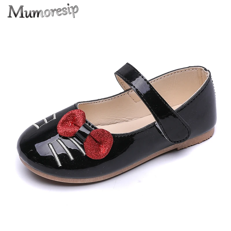 Sweet Girls Shoes Kids Leather Flats Children's Casual With Bow-knot Cute Cat Design Princess Soft Mary Janes 2020 Spring | Детская