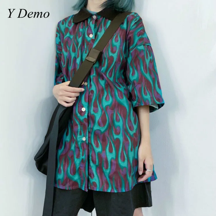 

Summer Casula Turn Down Collar Flame Printing Women Short Sleeve T-shirt